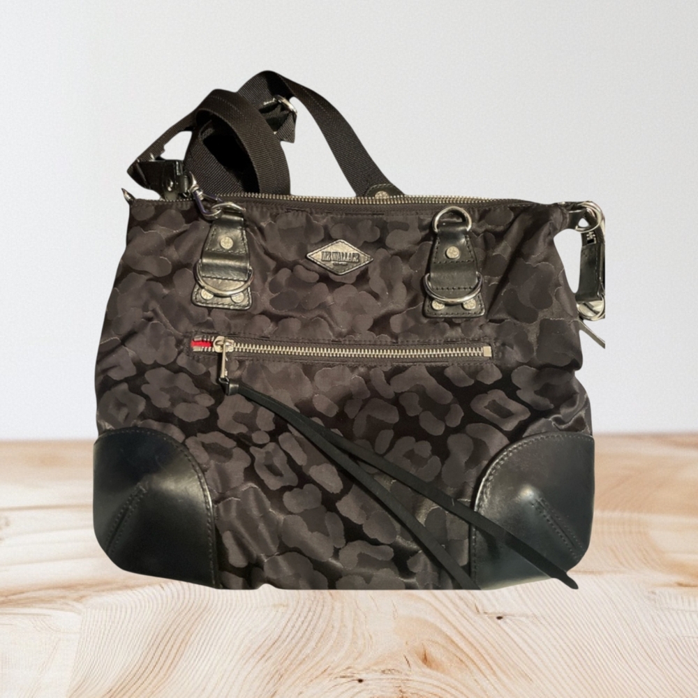 MZ Wallace Parker Leopard Jacquard Tote Black Leather Trim w/Red interior GUC